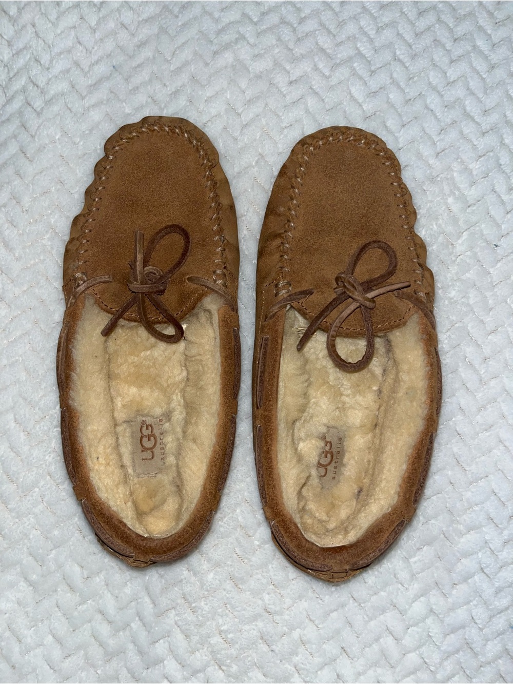 UGG Chestnut Suede Moccasin Slippers with Shearling